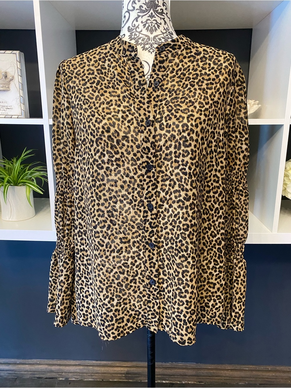 Michael Kors Leopard Print Button-up Shirt in Tan and Black With Bell Sleeves S